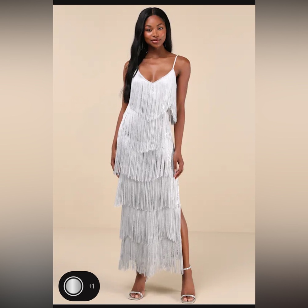 Lulu’s Get in the Groove Silver sequin Fringe bodycon maxi dress - worn once